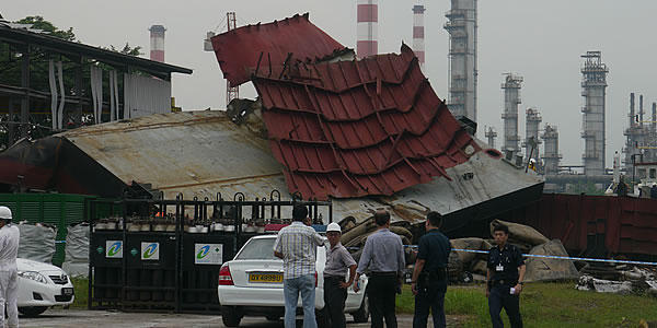The accident site at Number 3, Benoi Road, where a barge exploded from a suspected air pressure breach.
